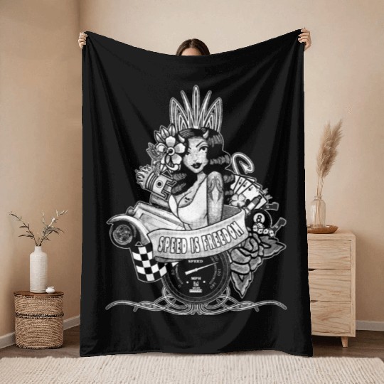 Pin up, Hot rod and Speedometer, black and white Throw Blankets