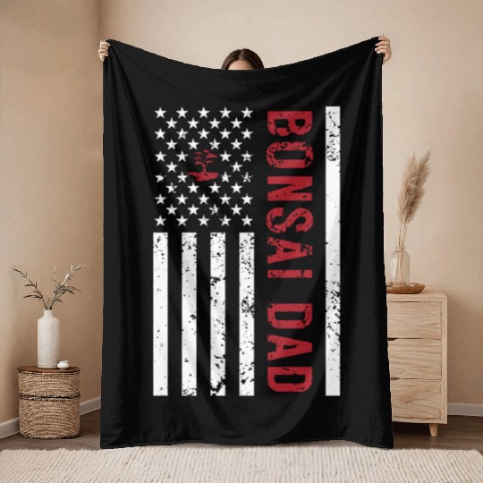 American Flag Bonsai Dad Throw Blankets
