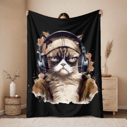 Funny Cat - grumpy face Throw Blankets