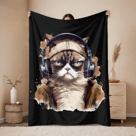 Funny Cat - grumpy face Throw Blankets