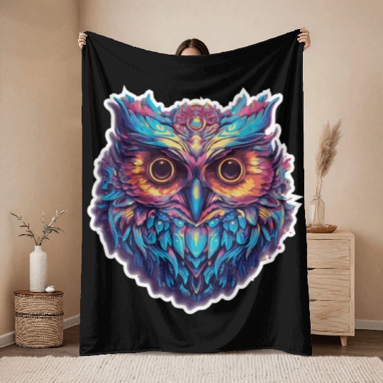 Luminous Nocturne: Holographic Owl Splendor Throw Blankets
