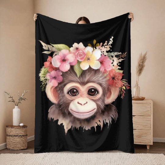 Monkey Chimpanzee Jungle Animal Boho Floral Ape Throw Blankets