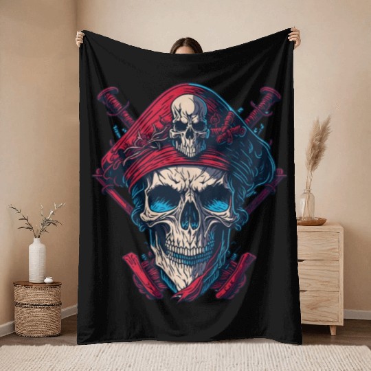 Pirate Jolly Roger Skull Wrecked Red White Throw Blankets