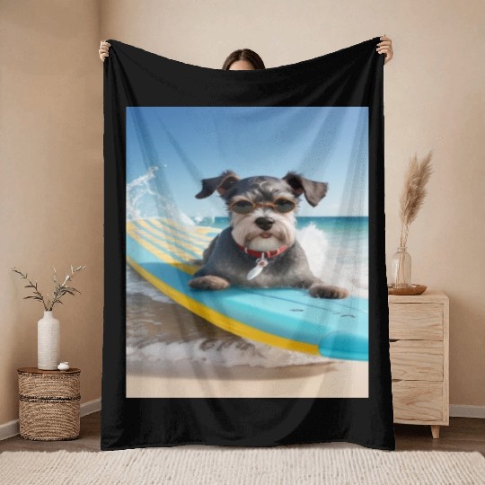 Schnauzer Surfing at Beach On A Surfboard Throw Blankets