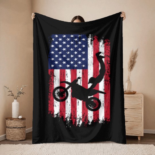Supercross Freestyle Motocross American Flag Throw Blankets