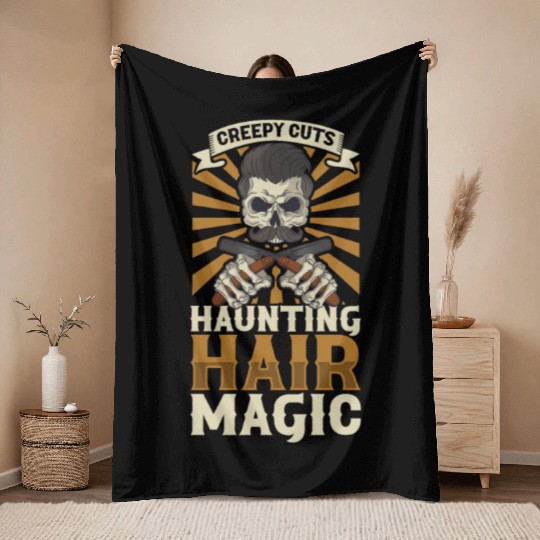 Horror Barber Spooky Hairdresser Hairstylist Hair Throw Blankets