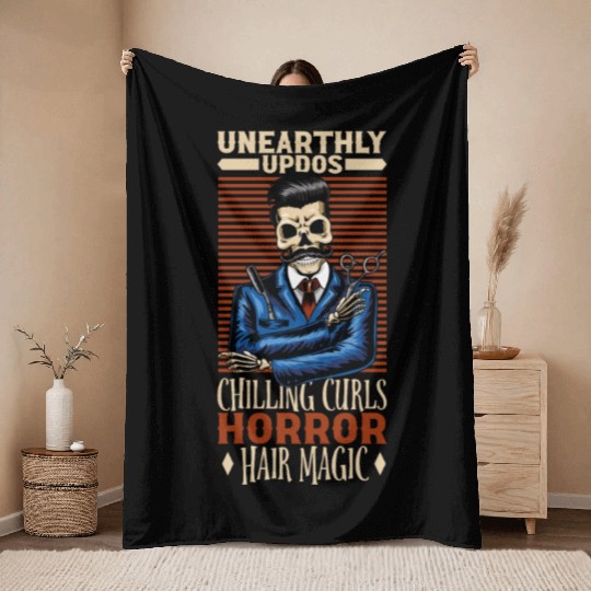 Horror Barber Spooky Hairdresser Hairstylist Hair Throw Blankets