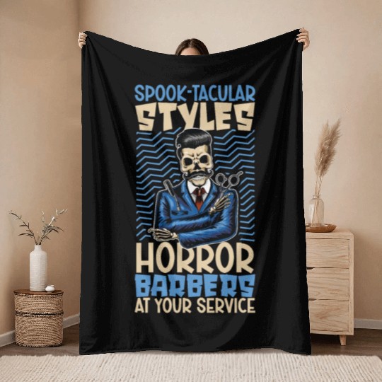 Horror Barber Spooky Hairdresser Hairstylist Hair Throw Blankets