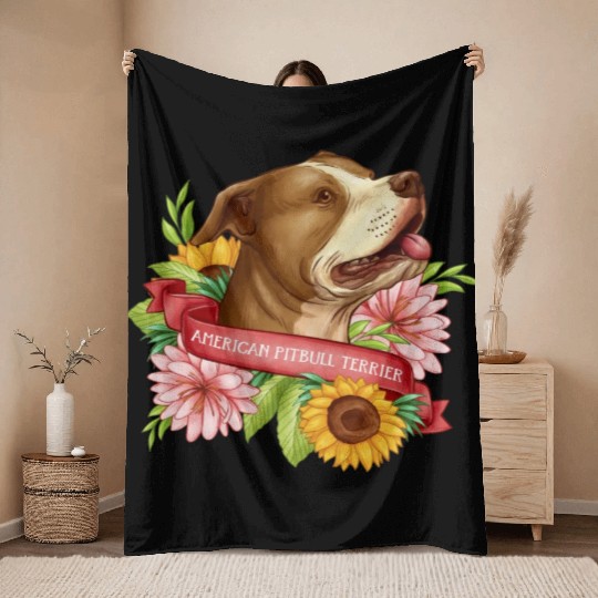 Hand drawn pitbull with flower hoop Throw Blankets