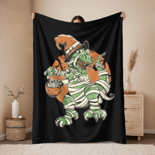Halloween t-rex mummy Throw Blankets