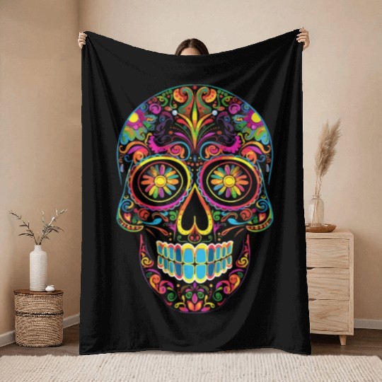 Neon Sugar Skull: Jack Skellington Design Throw Blankets