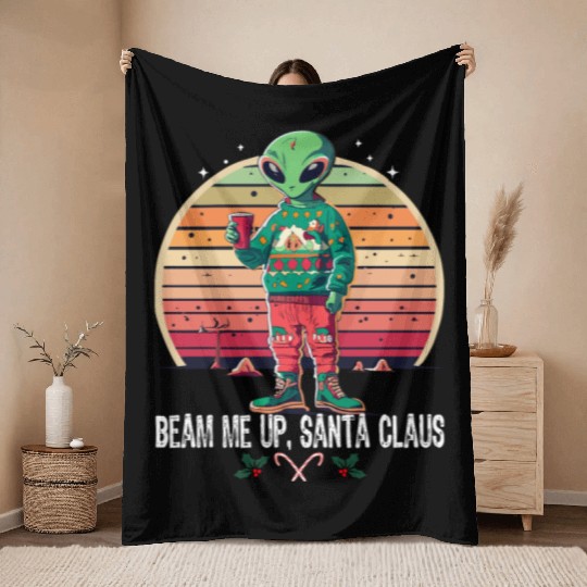 Beam Me Up Santa Claus Alien Christmas Ufo Coffee Throw Blankets