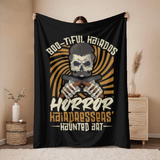 Horror Barber Spooky Hairdresser Hairstylist Hair Throw Blankets