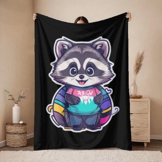Kawai Happy Raccoon Throw Blankets