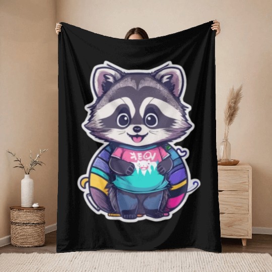 Kawai Happy Raccoon Throw Blankets
