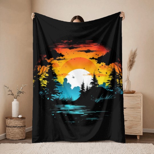 Riverside Twilight in the Forest Throw Blankets