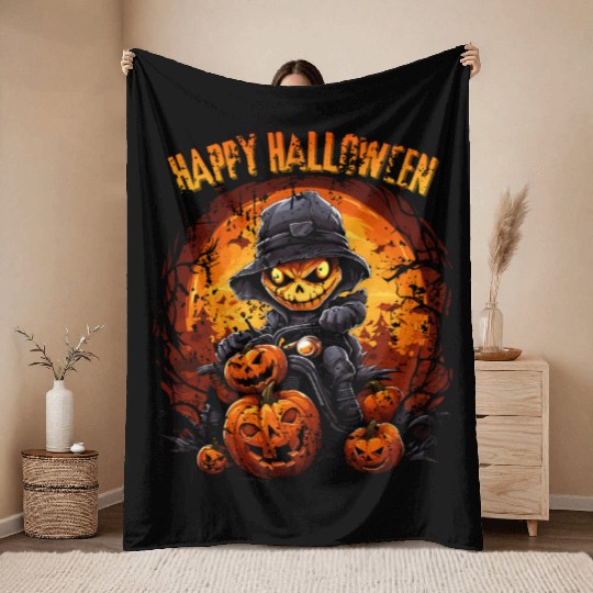 Halloween Pumpkin Riding Motorcycle Rider Throw Blankets