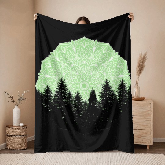Green Forest Mandala Pacific Northwest Throw Blankets