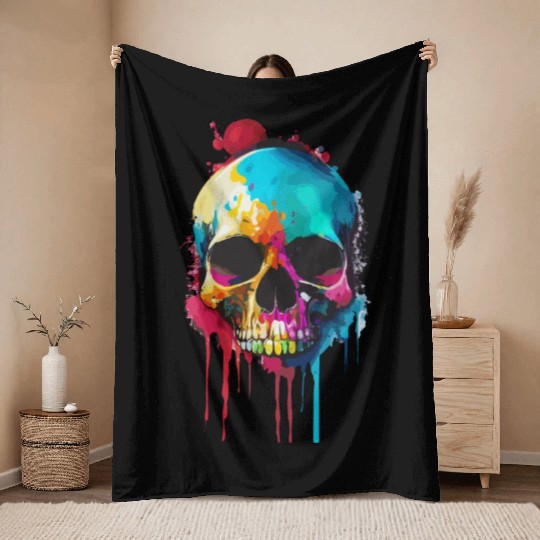 Psychedelic skull meltdown Throw Blankets