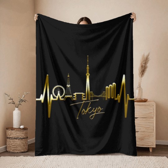 Tokyo Skyline Heartbeat Japanese Heart Love Tokyo Throw Blankets