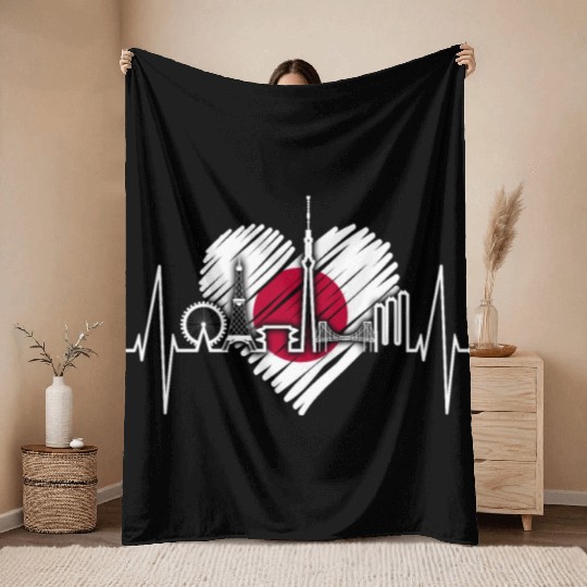 Tokyo Skyline Heartbeat Japanese Flag Love Tokyo Throw Blankets