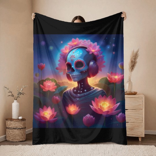 Sugar Skull Lotus Melody Medley Throw Blankets