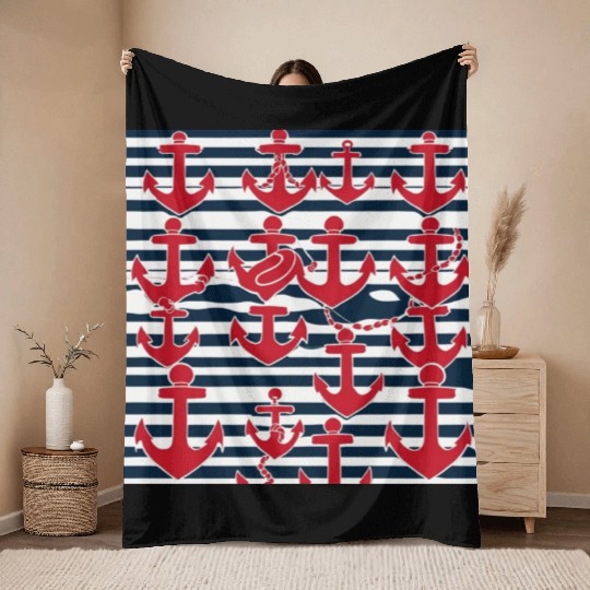 classic nautical horizontal white and navy blue Throw Blankets