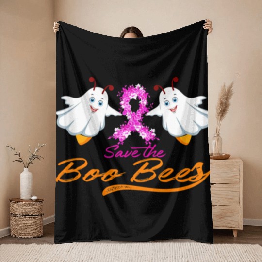 Fun Boobs Save The Boo Bees Breast Cancer Throw Blankets