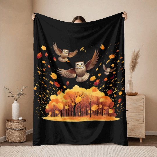 Autumn Owl Nature Leaves Season Throw Blankets