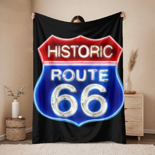 Route 66 neon sign Throw Blankets