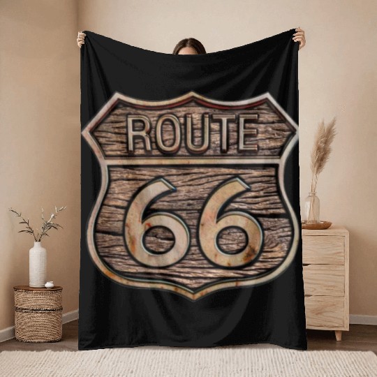 Route 66 vintage sign - Wood log signage Throw Blankets