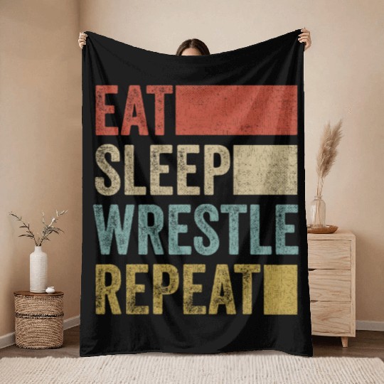 Retro 70s 80s Eat Sleep Wrestle Gear Vintage Throw Blankets