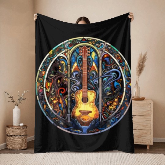 Guitar Stained Glass Style - Funny Guitar Art Throw Blankets