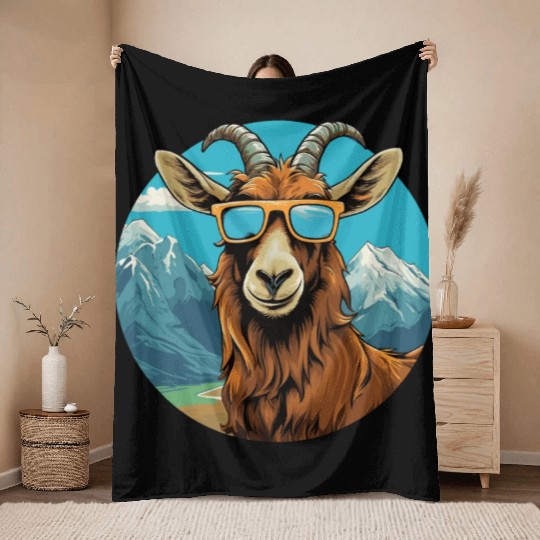 A goat with sunglasses in the mountains Throw Blankets
