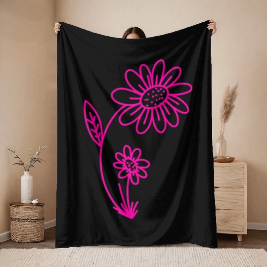 Pink Flower - simple, lineart, drawing Throw Blankets