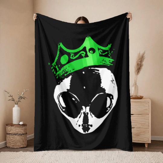 King Alien Green Crown Funny Ufo Science Fiction Throw Blankets