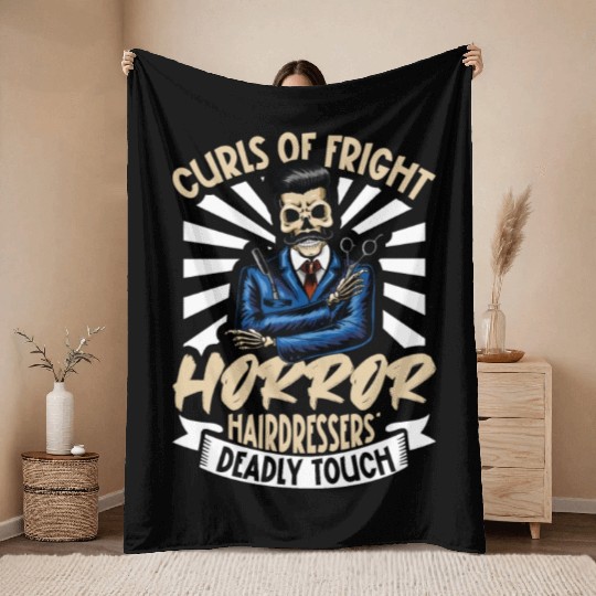 Horror Barber Spooky Hairdresser Hairstylist Hair Throw Blankets