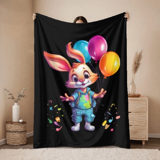 Happy Rabbit Holding Balloons Throw Blankets