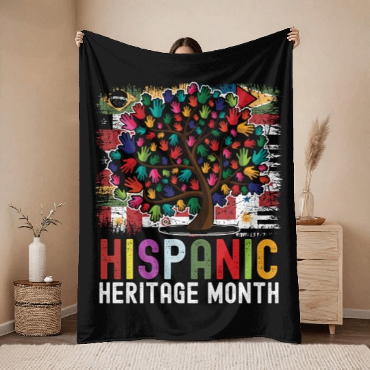 Hispanic Heritage Month Hand Flags Latin Throw Blankets