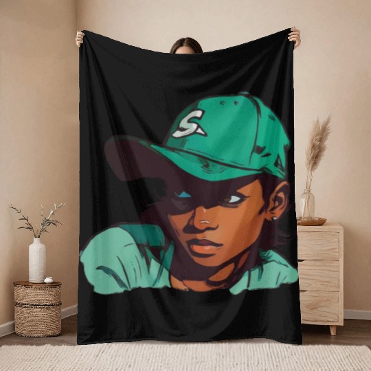 Light Skin Girl in Baseball Hat Throw Blankets