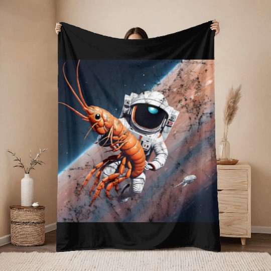 Astronaut in space with shrimp Throw Blankets
