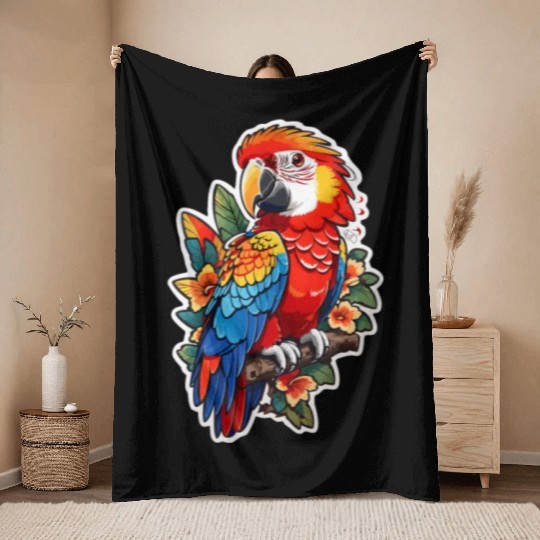 Scarlet Macaw Kawaii Throw Blankets