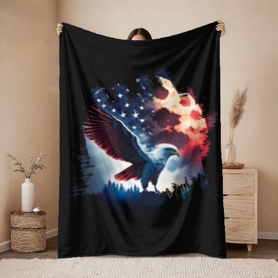 America eagle under Moon with American Flag Throw Blankets