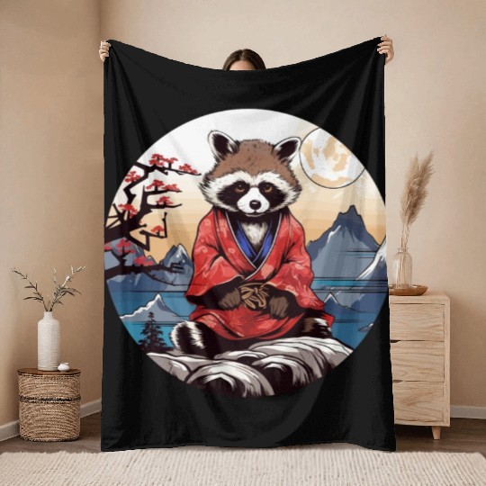 tanuki raccoon dog in kimono in anime style Throw Blankets