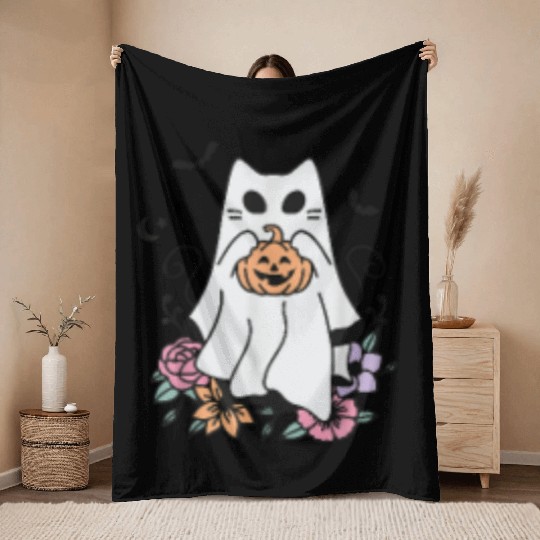 Stay Spooky Halloween Ghost Cat Throw Blankets
