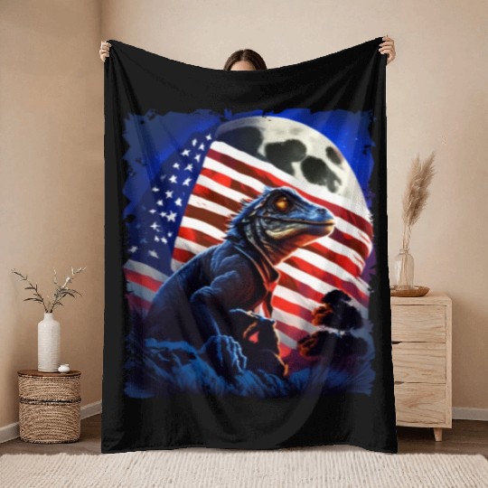 America lizard under Moon with American Flag Throw Blankets