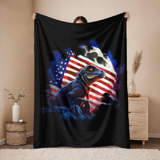 America lizard under Moon with American Flag Throw Blankets