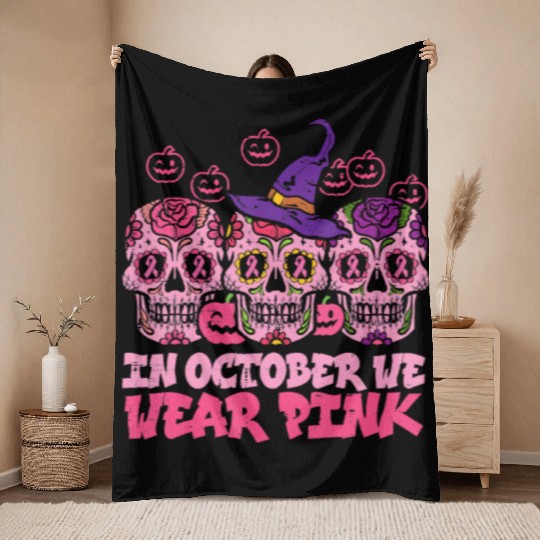 We Wear Pink Sugar Skull Halloween Breast Cancer Throw Blankets
