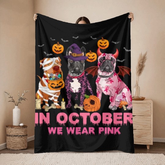In October We Wear Pink Pumpkin Pitbull Throw Blankets