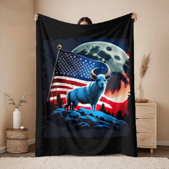 America sheep under Moon with American Flag Throw Blankets